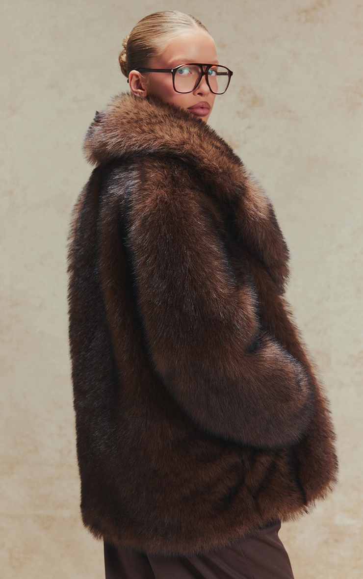 Brown Oversized Midi Faux Fur Coat image 2