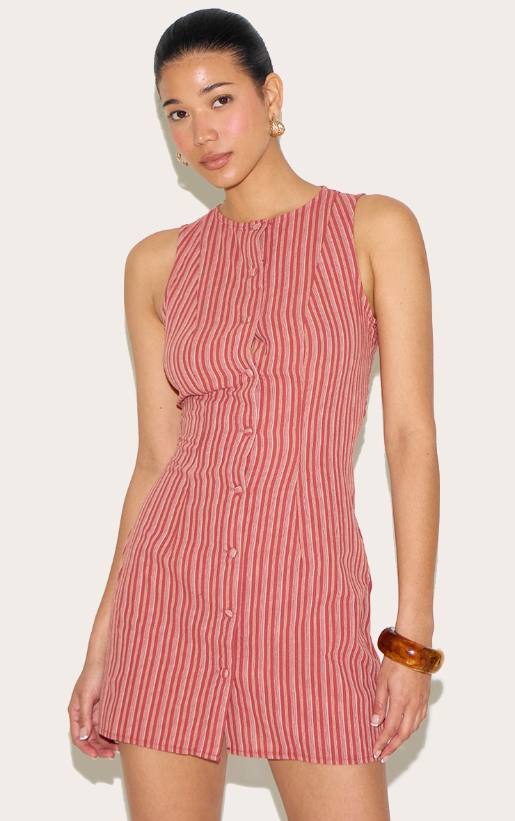 Red Pinstripe Button Down Shift Dress
