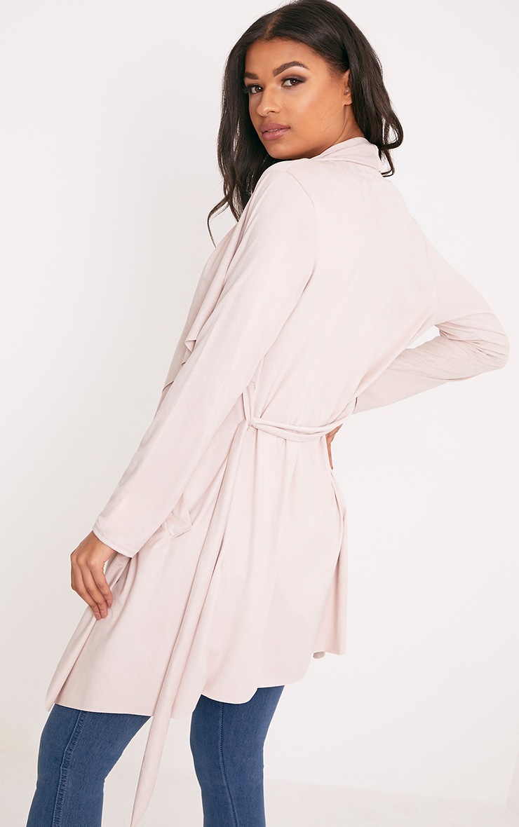 Lyssa Blush Suedette Belted Waterfall Jacket PrettyLittleThing