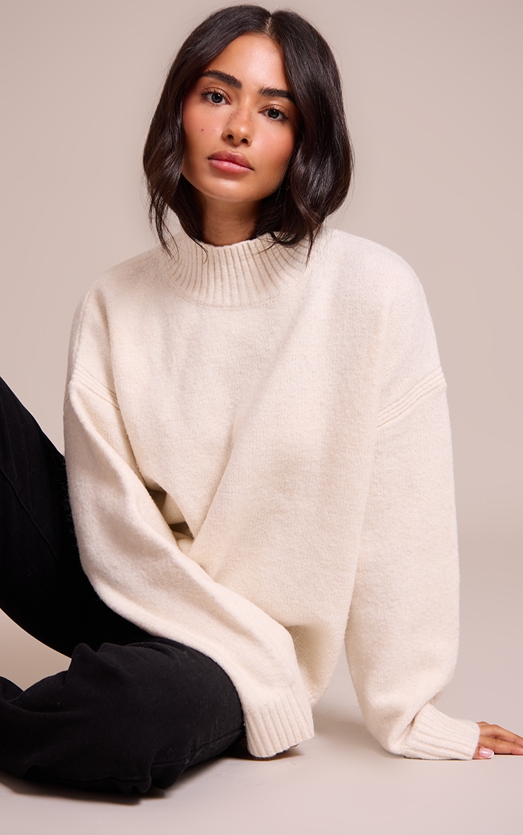 Petite Cream Knit Oversized Polo Neck Sweater image 1
