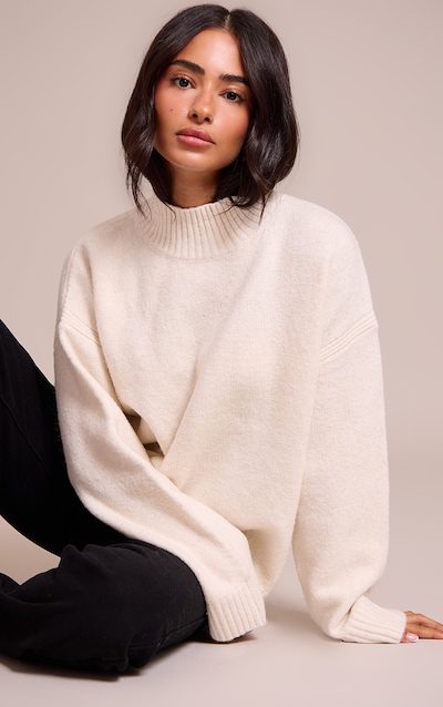 Petite Cream Knit Oversized Polo Neck Sweater