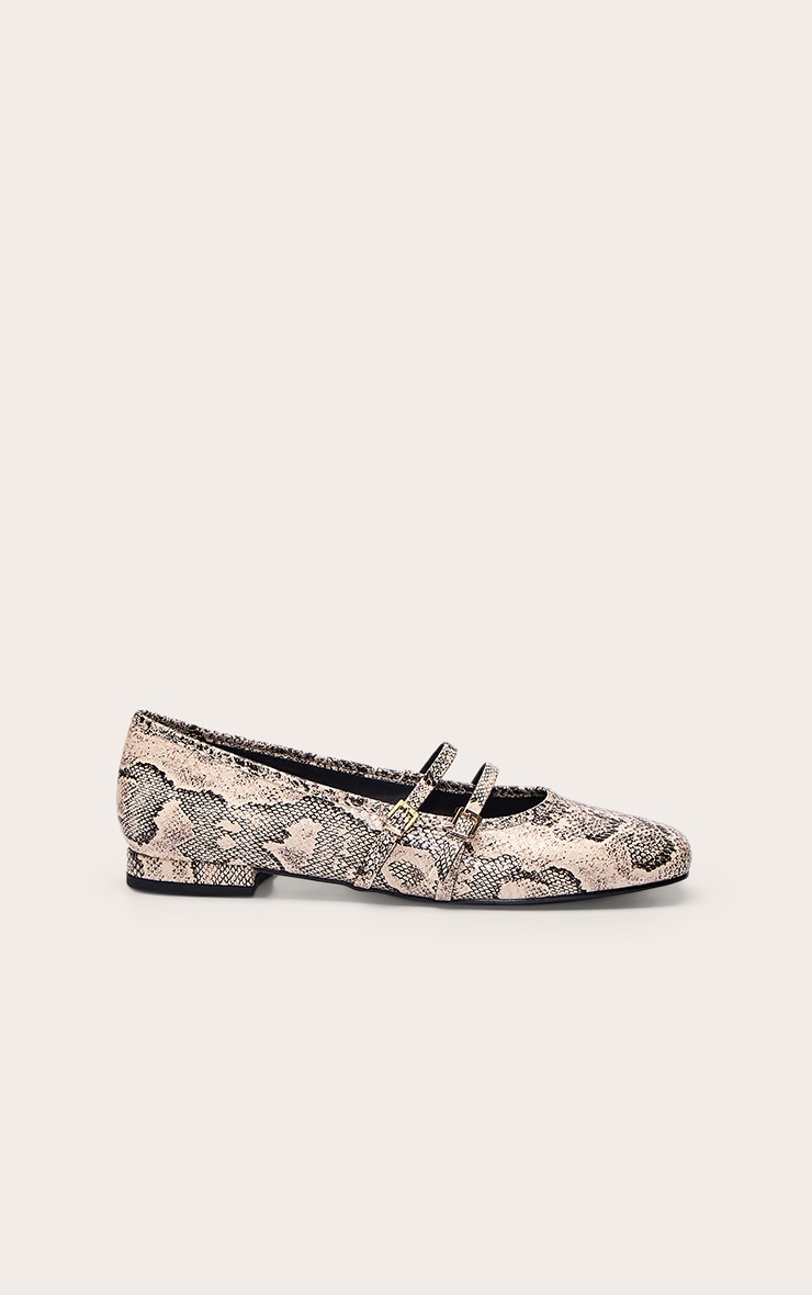 Natural Snake Buckle Strap Square Toe Ballet Flats image 2