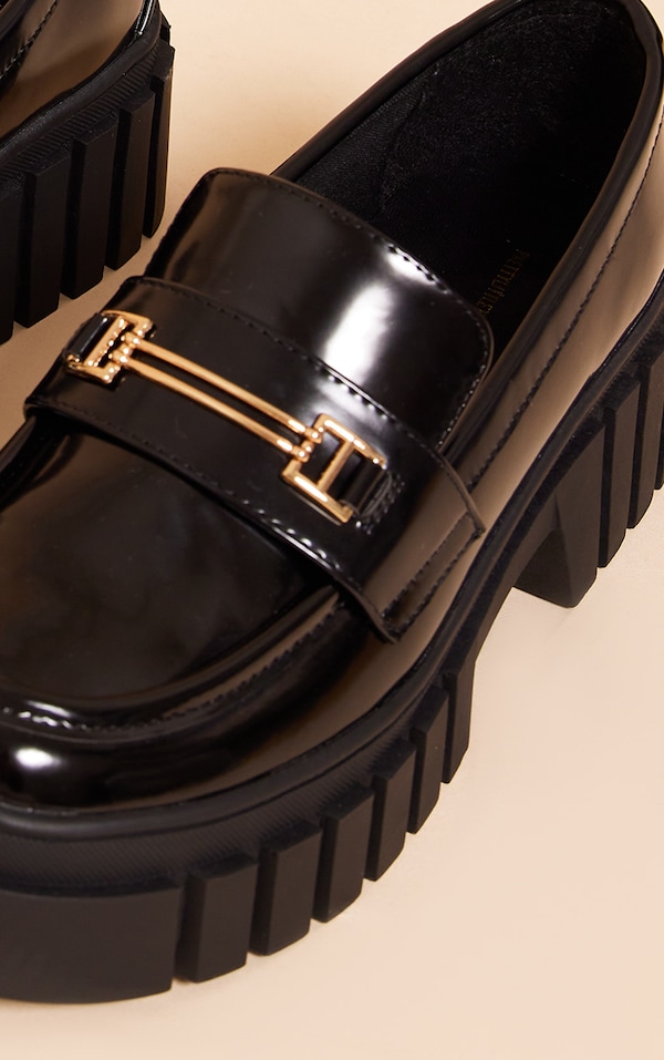 Black Pu Patent Round Chunky Gold Buckle Platform Loafers image 3