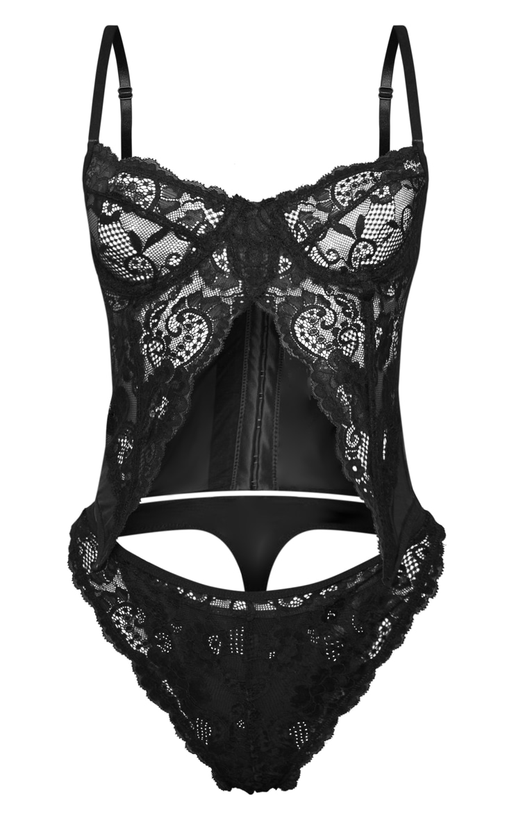 Black Split Front Detail Lace Corset Lingerie Set | Lingerie