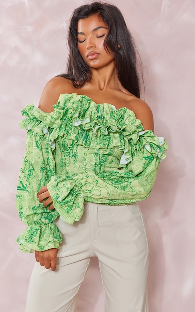 Lime Renaissance Print Ruffle Hem Off Shoulder Long Sleeve Blouse