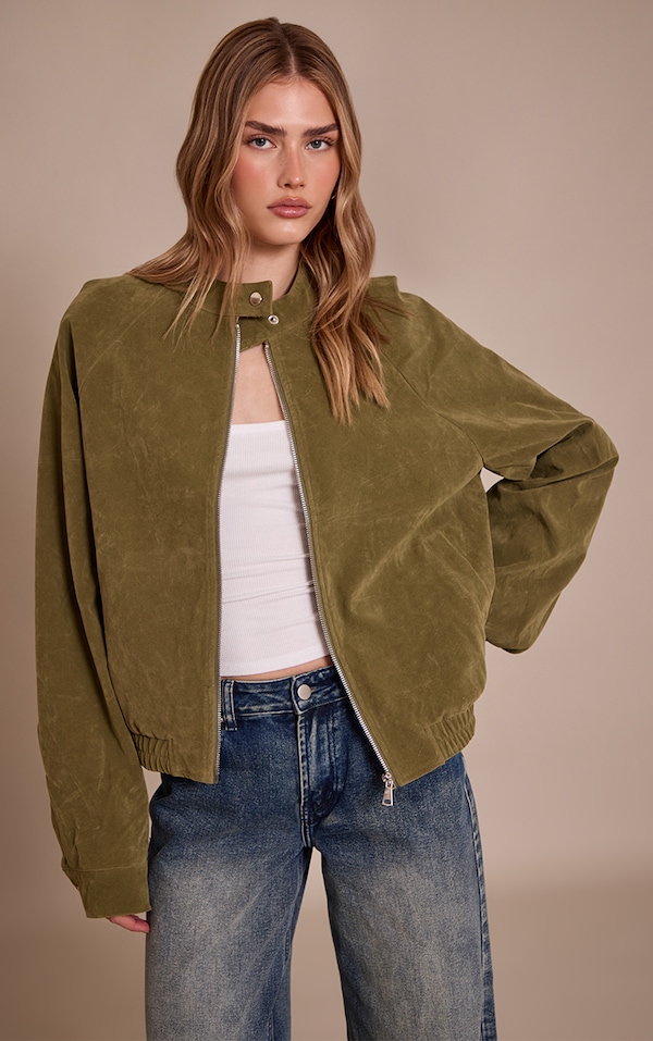 Olive Faux Suede Racer Neck Jacket