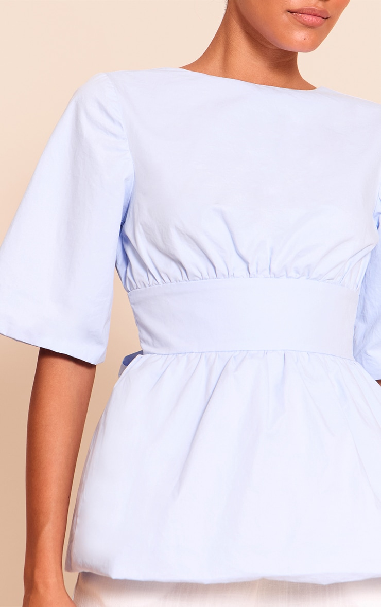 Sky Blue Cotton Short Sleeve Tie Back Blouse image 4