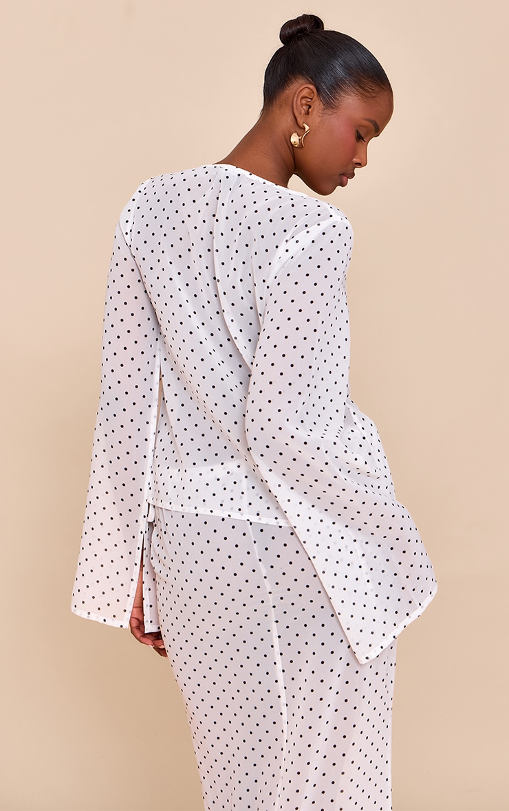 White Sheer Polka Dot Long Sleeve Button Up Top image 2
