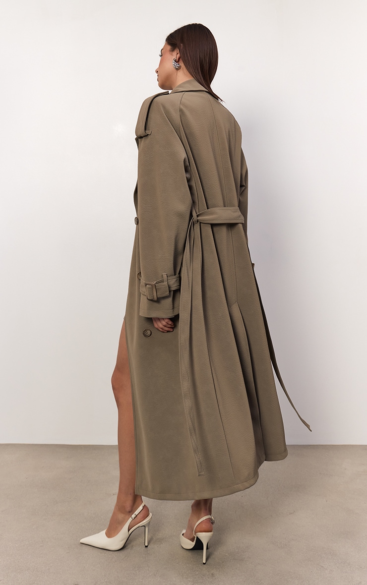 Taupe Peached Faux Leather Trench Coat image 3