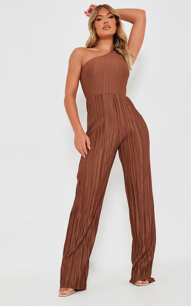 Chocolate One Shoulder Plisse Wide Leg Jumpsuit
