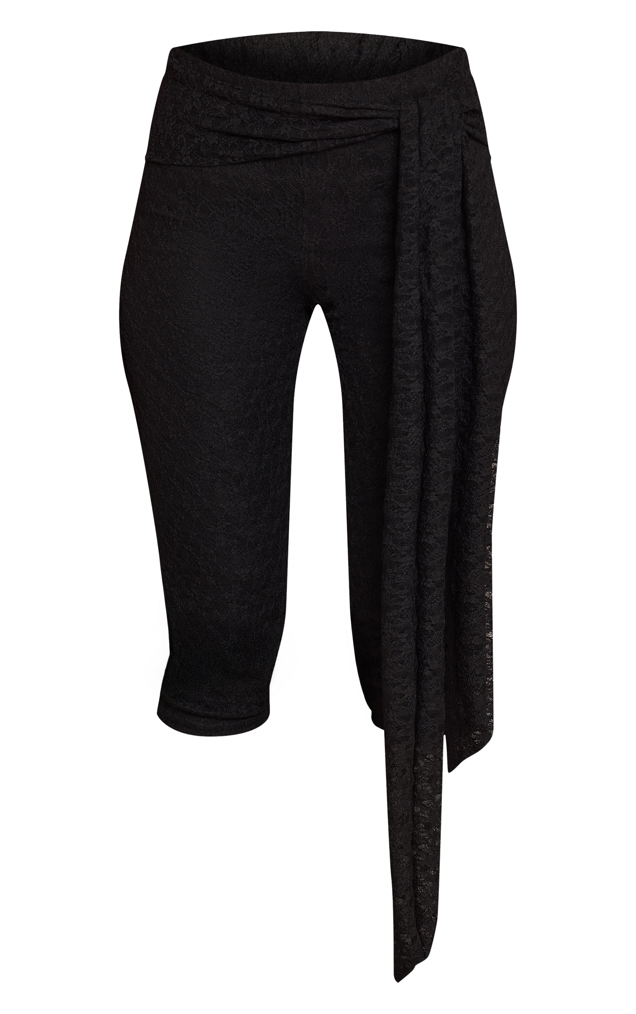 Black Textured Lace Wrap Waist Detail Capris image 5