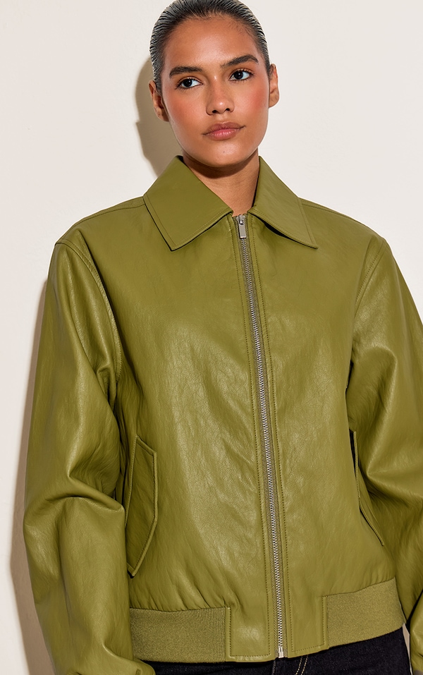 Olive Faux Leather Bomber Jacket