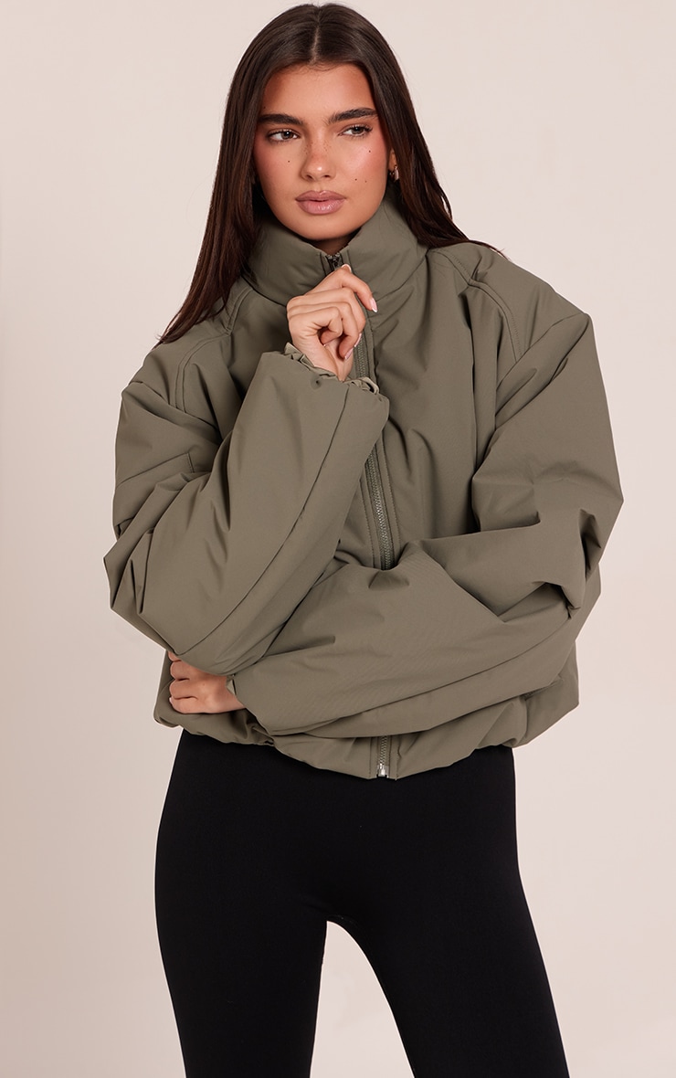 Olive Funnel Neck Cocoon Sleeve Zip Through Jacket