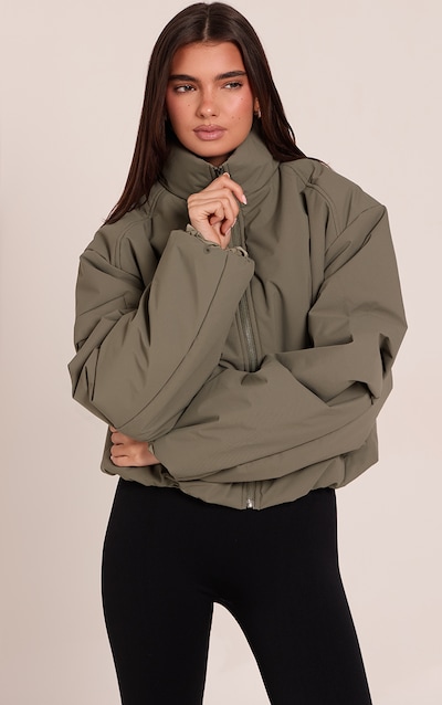 Olive Funnel Neck Cocoon Sleeve Zip Through Jacket