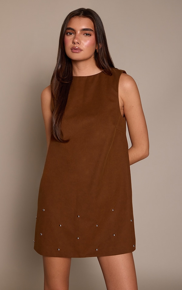 Brown Faux Suede Stud Detail Boxy Shift Dress