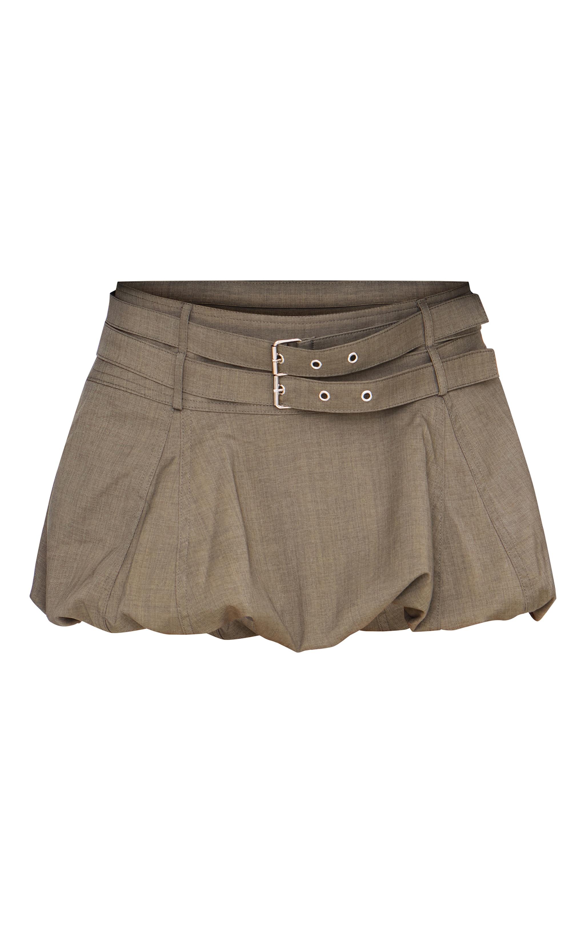 Khaki Double Belt Detail Puffball Mini Skirt image 6