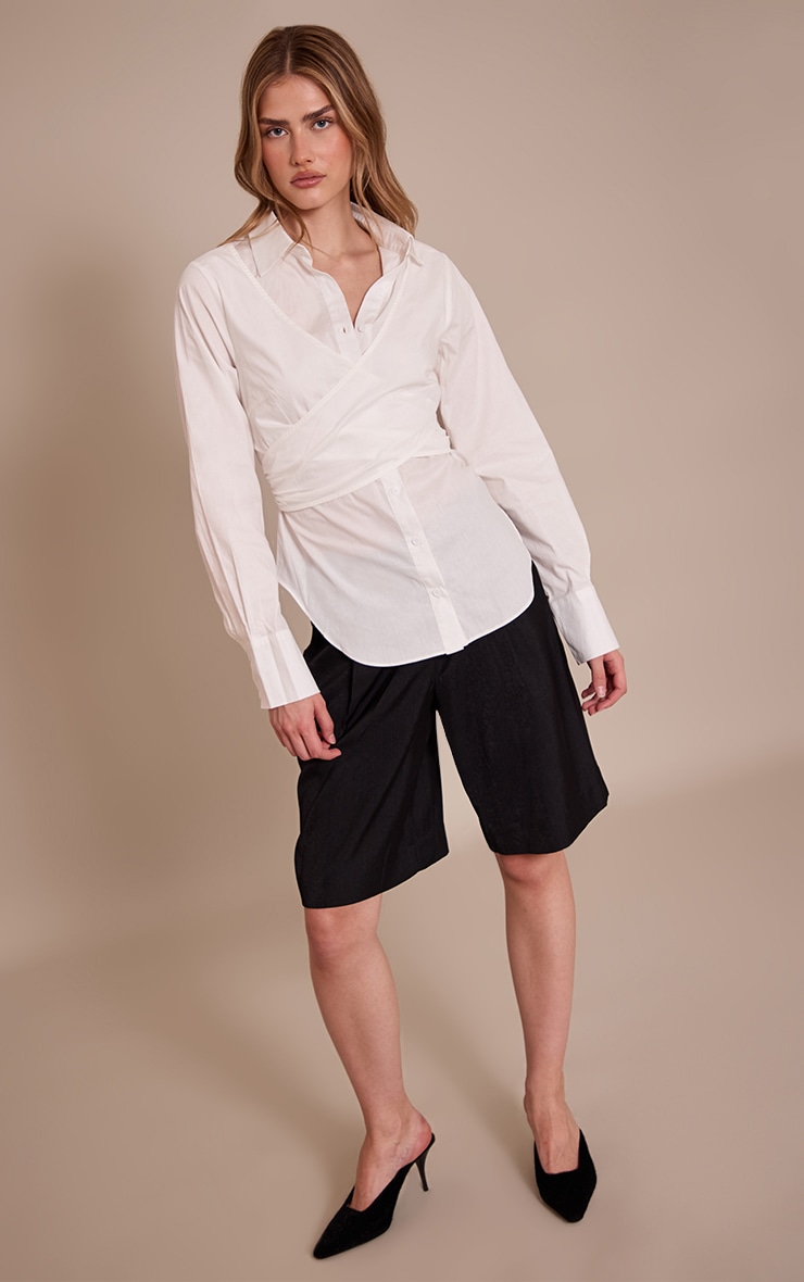White Cotton Wrap Detail Longline Shirt image 3