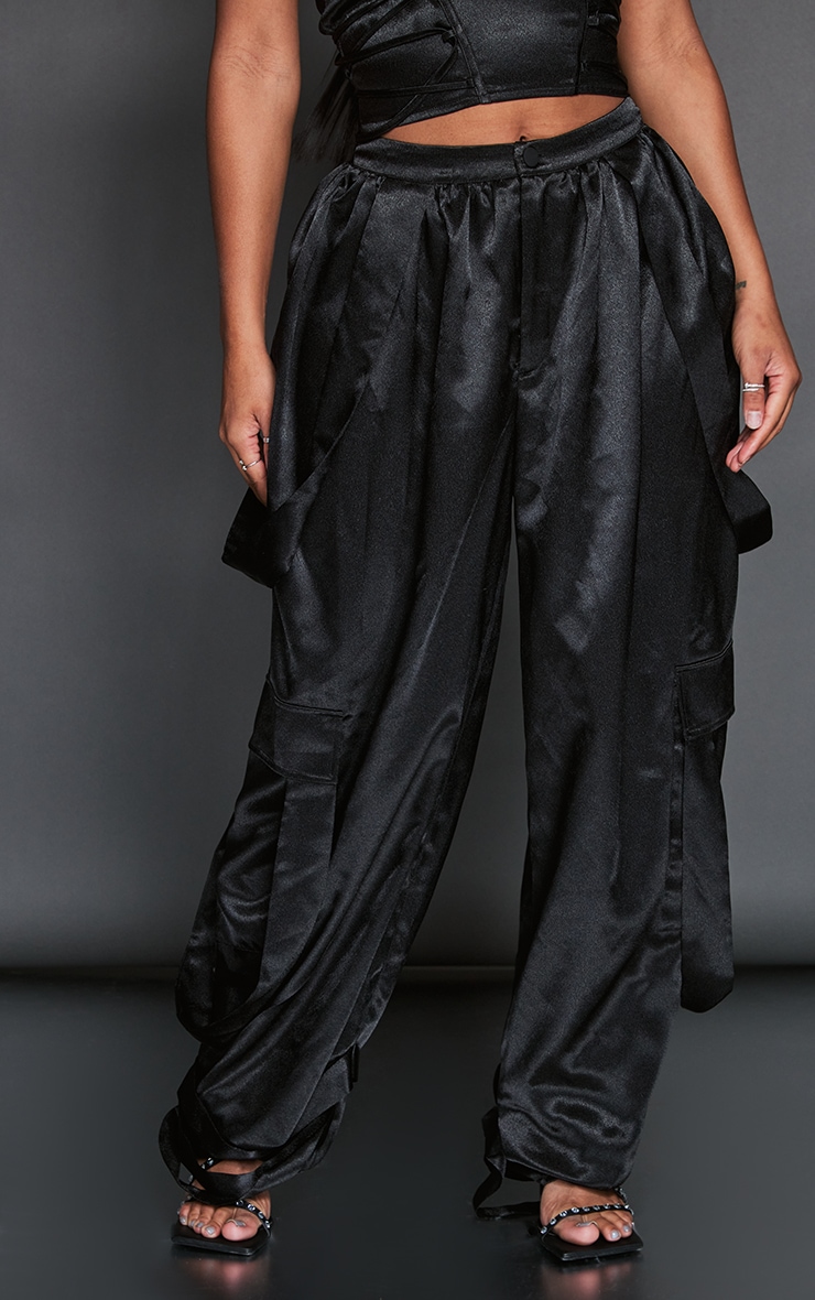 Shape Black Satin Tie Cargo Wide Leg Pants image 2