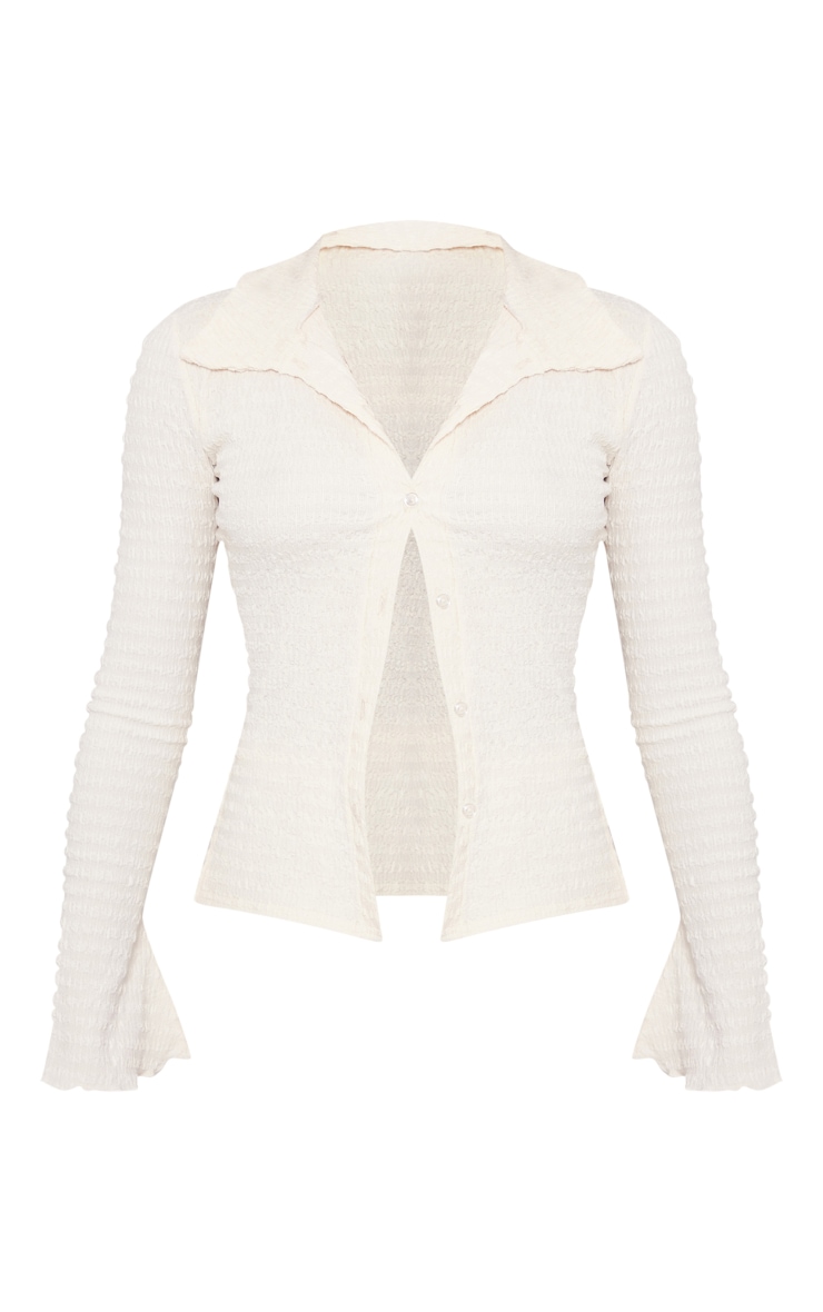 Cream Textured Flared Sleeve Fitted Shirt image 5