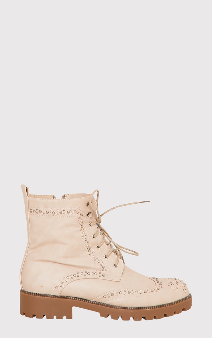 Maura Beige Studded Biker Boots Shoes PrettyLittleThing