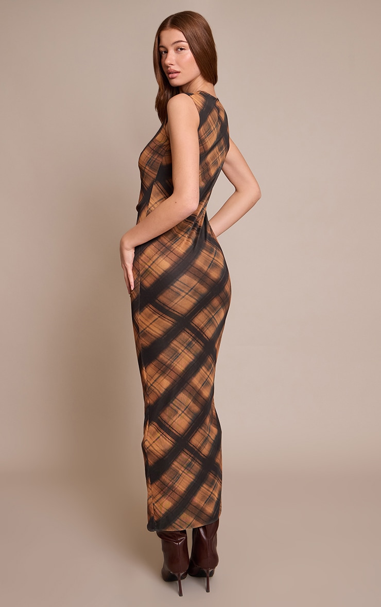 Brown Check Print Mesh Maxi Dress image 2