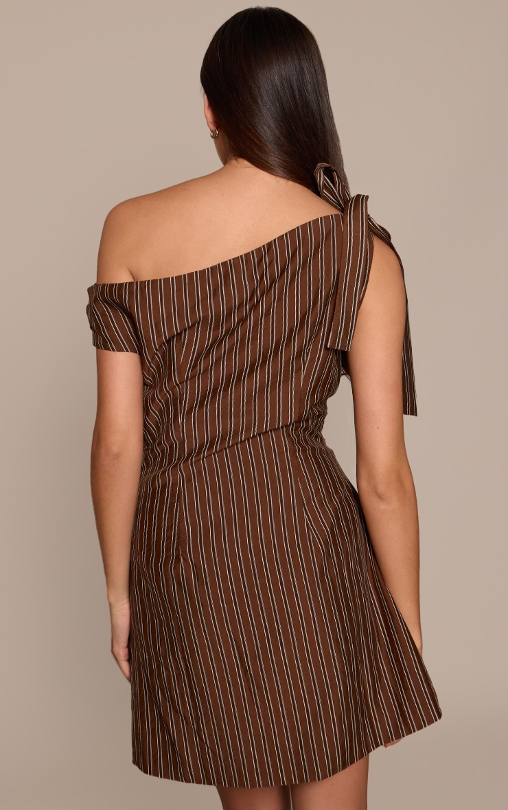 Brown Striped Asymmetric Tie Shoulder Bodycon Dress image 2