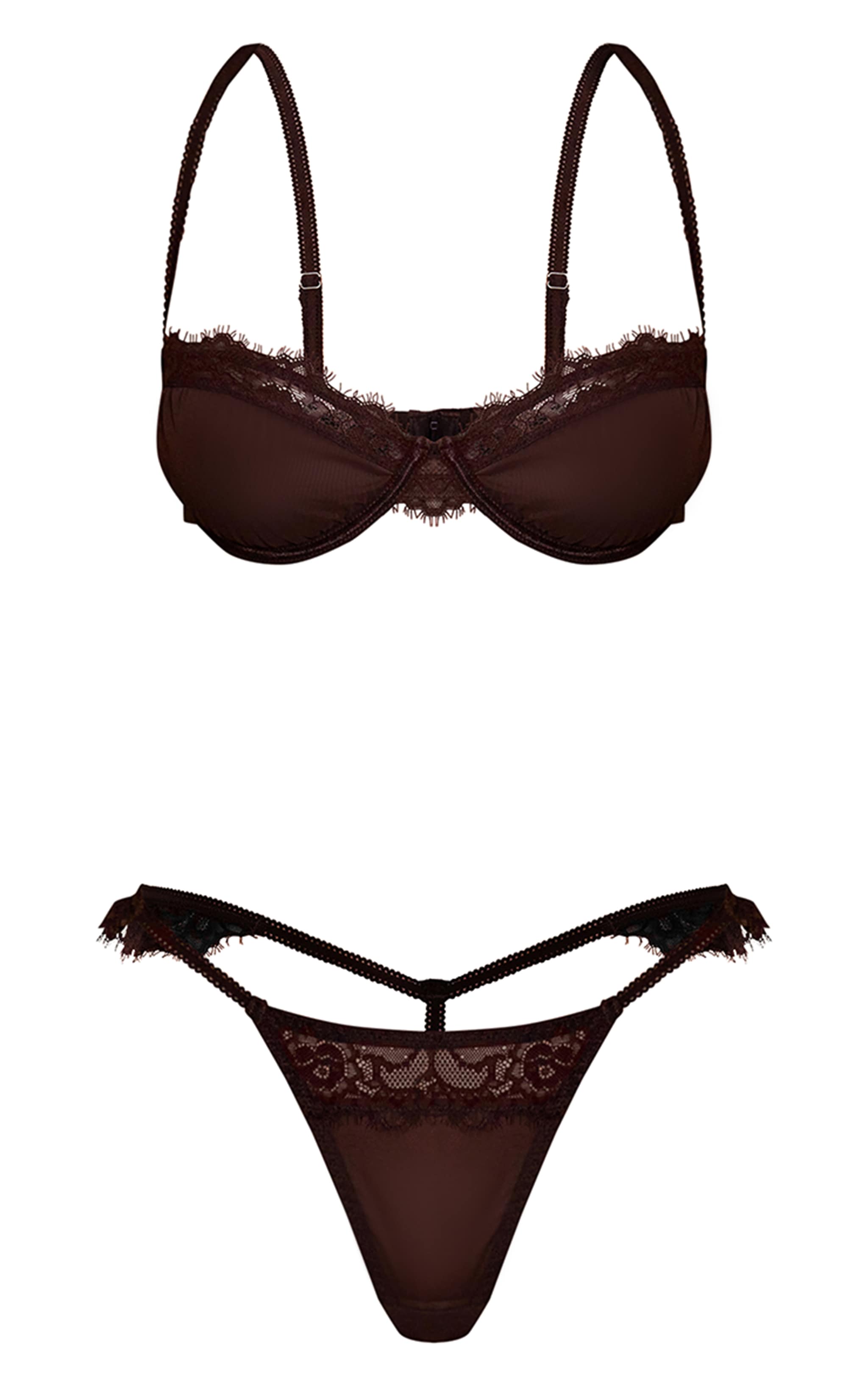 Chocolate Lace Trim Detail Bra & Knicker Set image 7