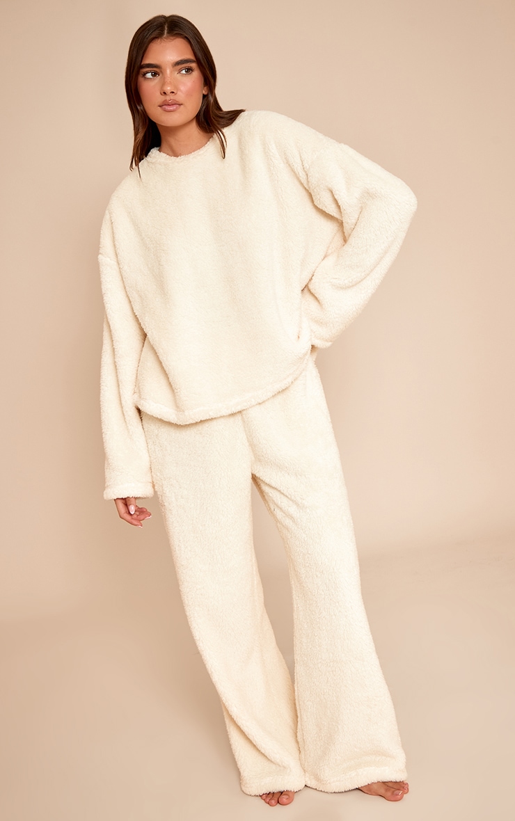 Cream Fleece Sweatshirt Pajama Set image 1