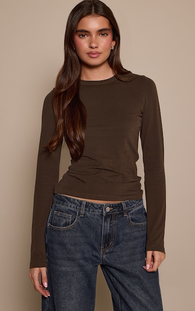Deep Chocolate Wash Soft Cotton Crew Neck Longline Long Sleeve Top