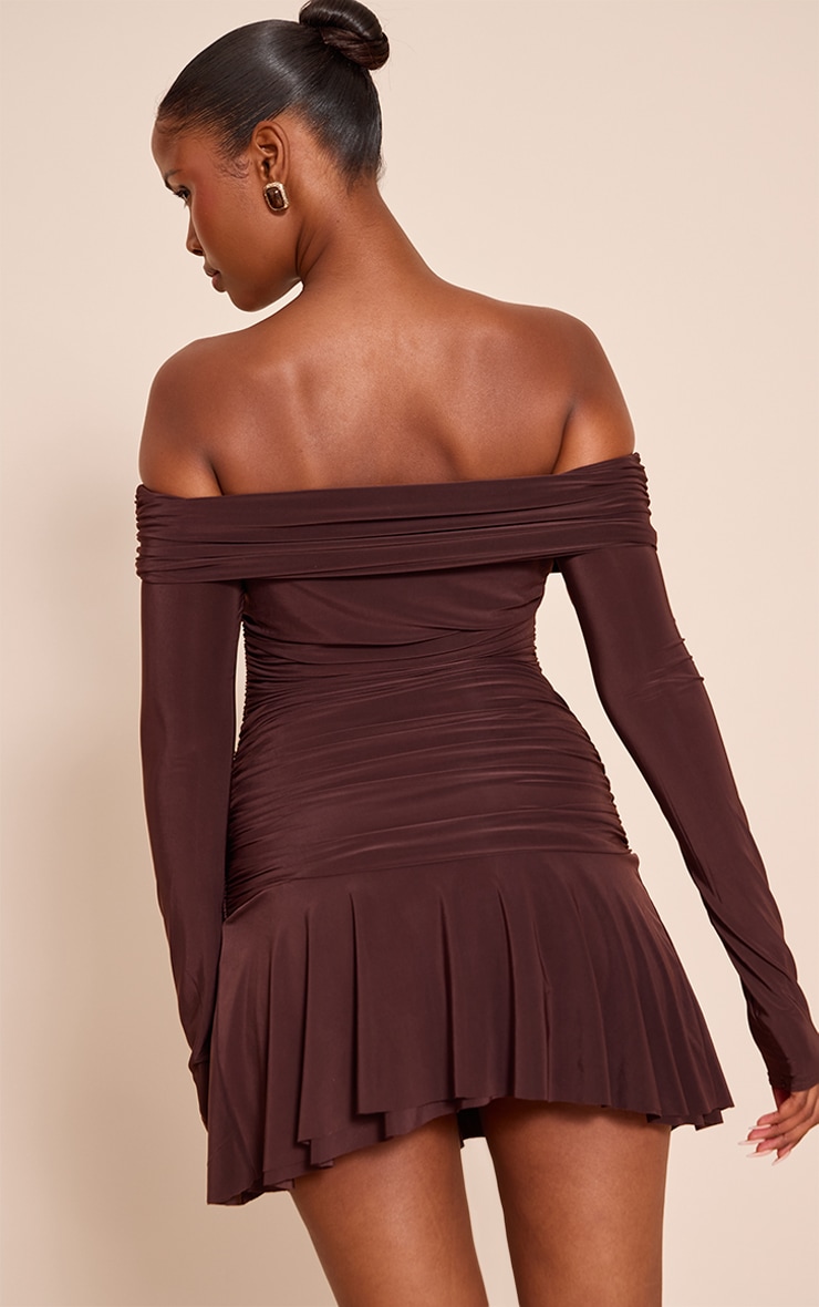 Chocolate Double Layer Slinky Long Sleeve Bardot Mini Dress image 2