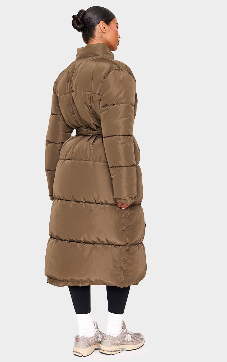 Khaki Quilted Longline Tie Waist Puffer Coat image 2