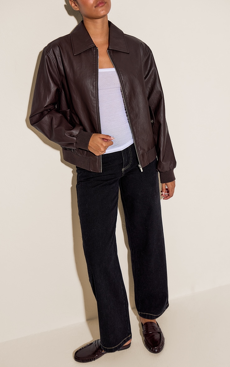 Dark Chocolate Faux Leather Bomber Jacket image 3