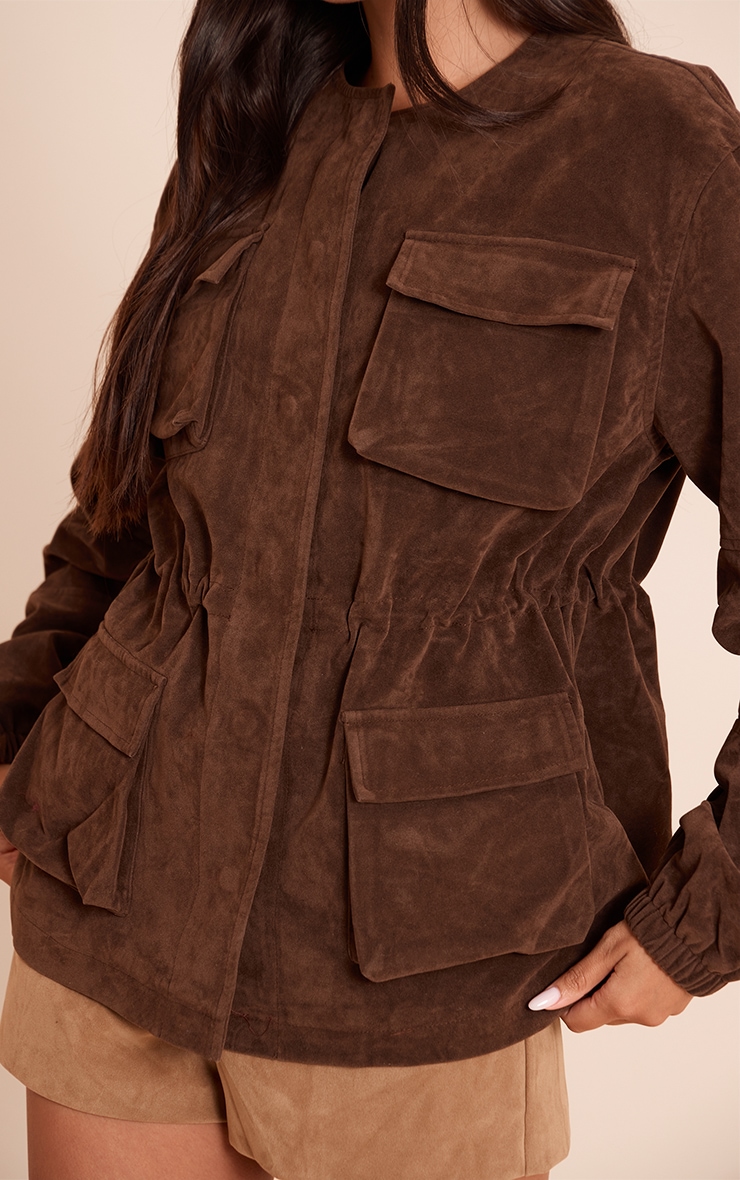 Chocolate Structured Faux Suede Pocket Detail Adjustable Waist Jacket image 4