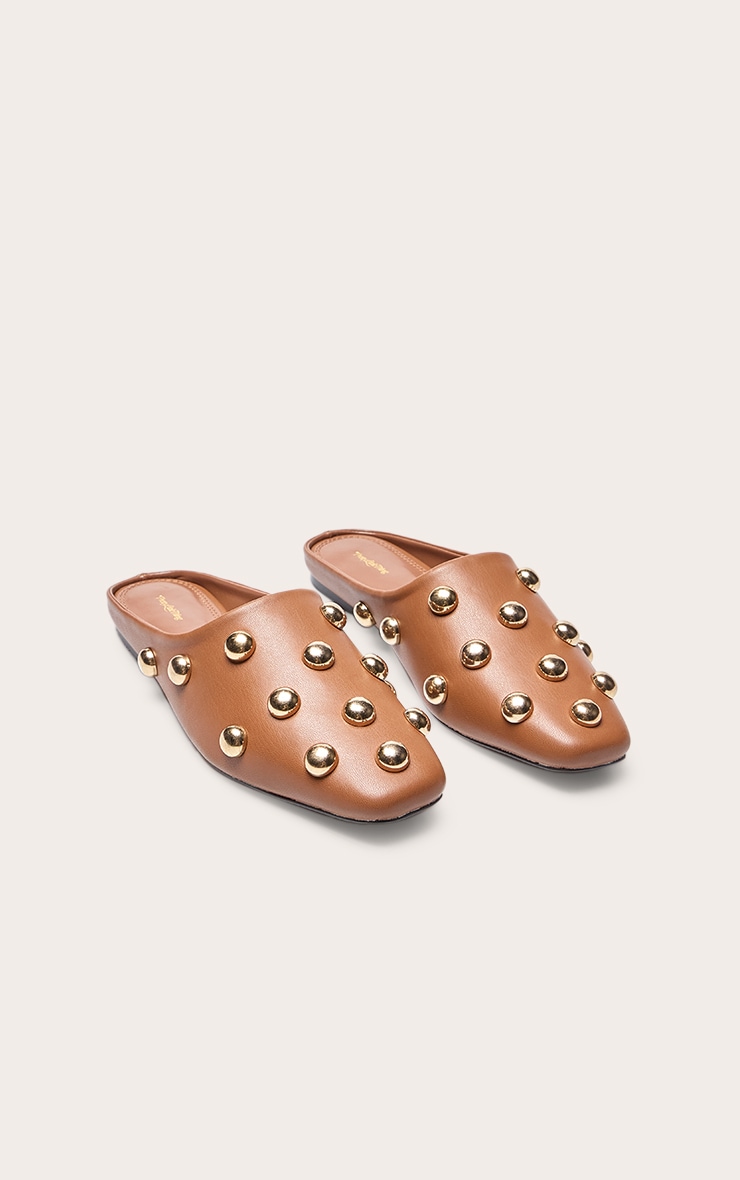 Tan Dome Stud Slip On Mules image 3