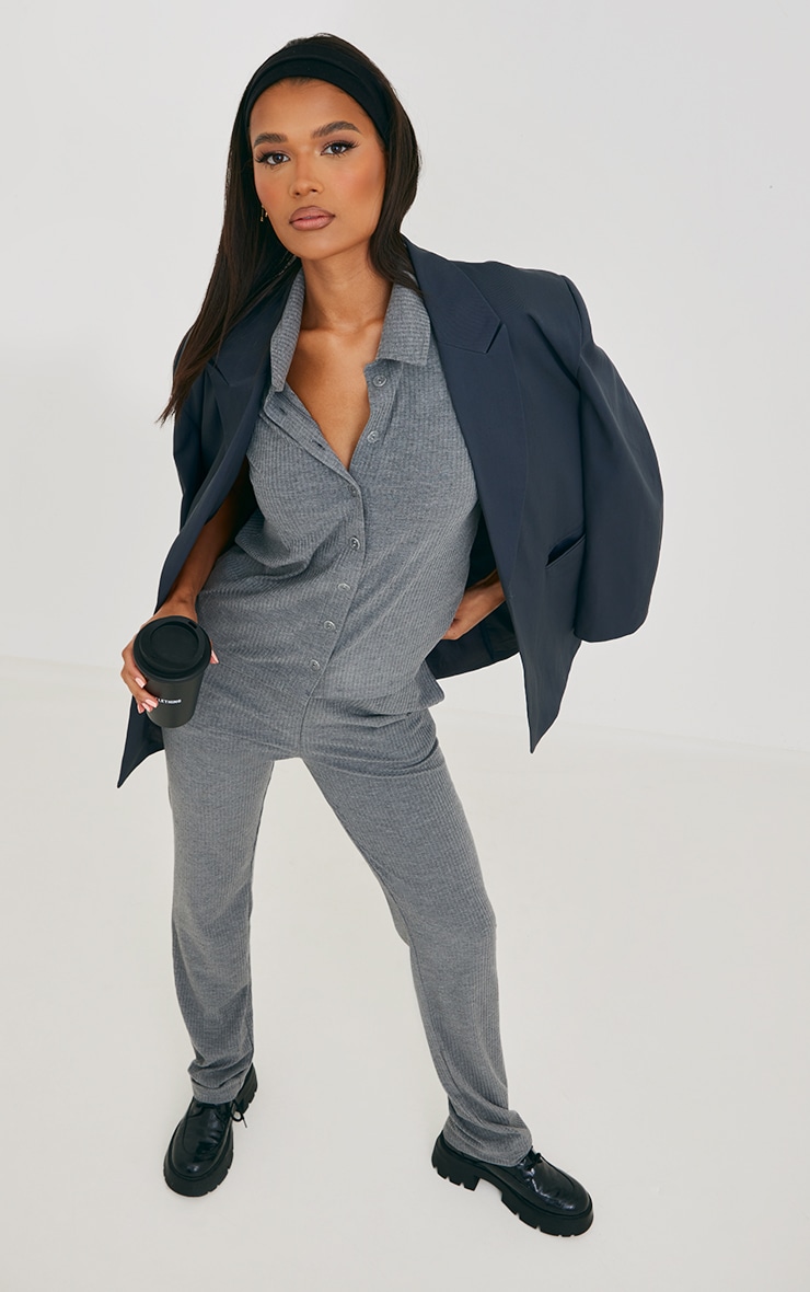 Grey Rib Straight Leg Trousers