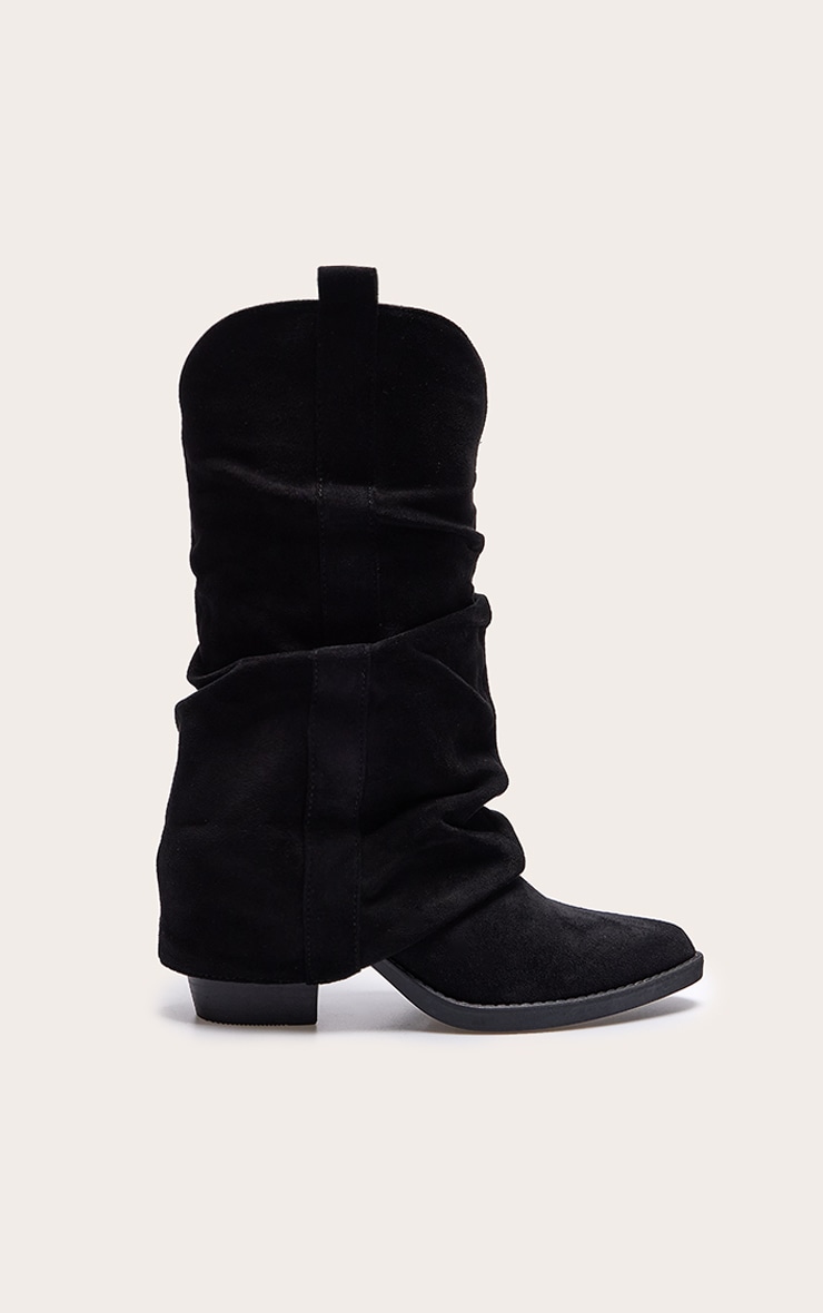 Black Faux Suede Point Toe Slouchy Fold Over Calf High Western Boots image 5