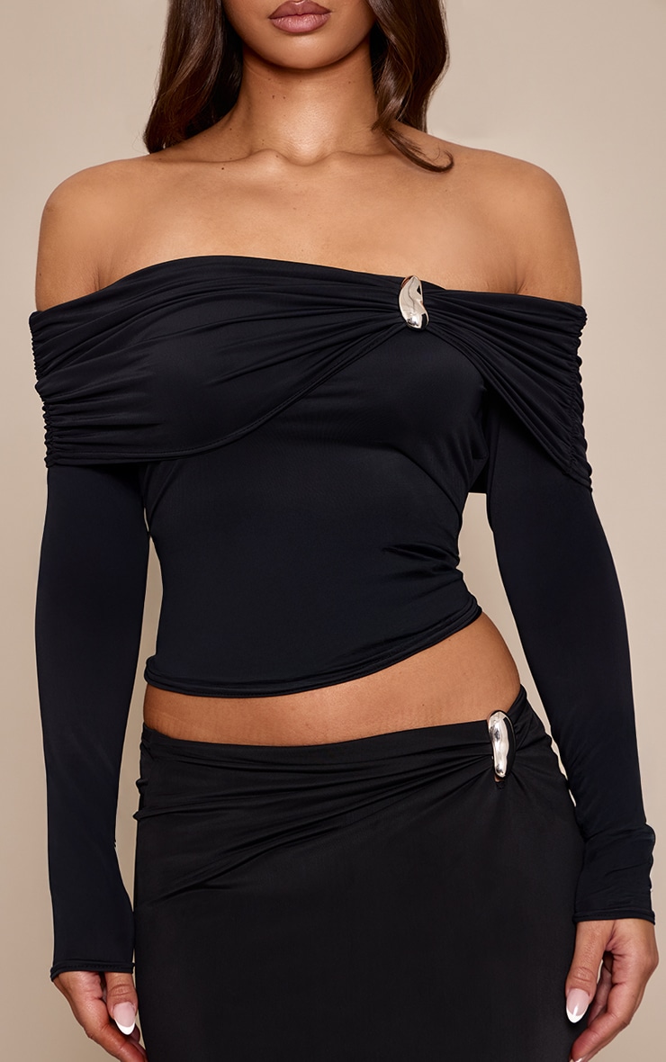 Chocolate Matte Sculpt Trim Detail Bardot Long Sleeve Top image 4