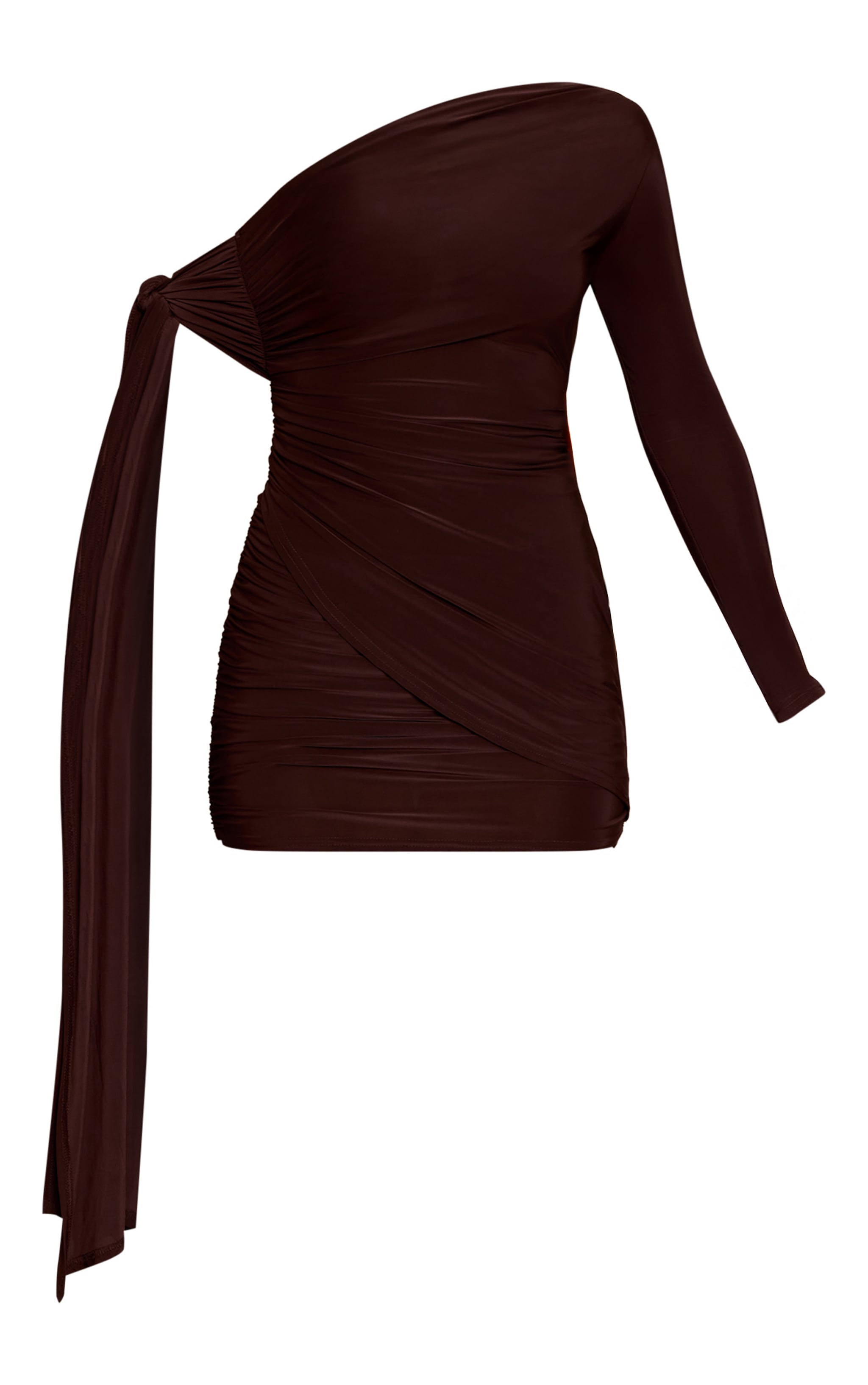 Chocolate Double Layer Slinky One Shoulder Mini Dress image 5