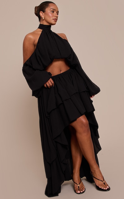 Shape Black Chiffon High Tiered Maxi Skirt