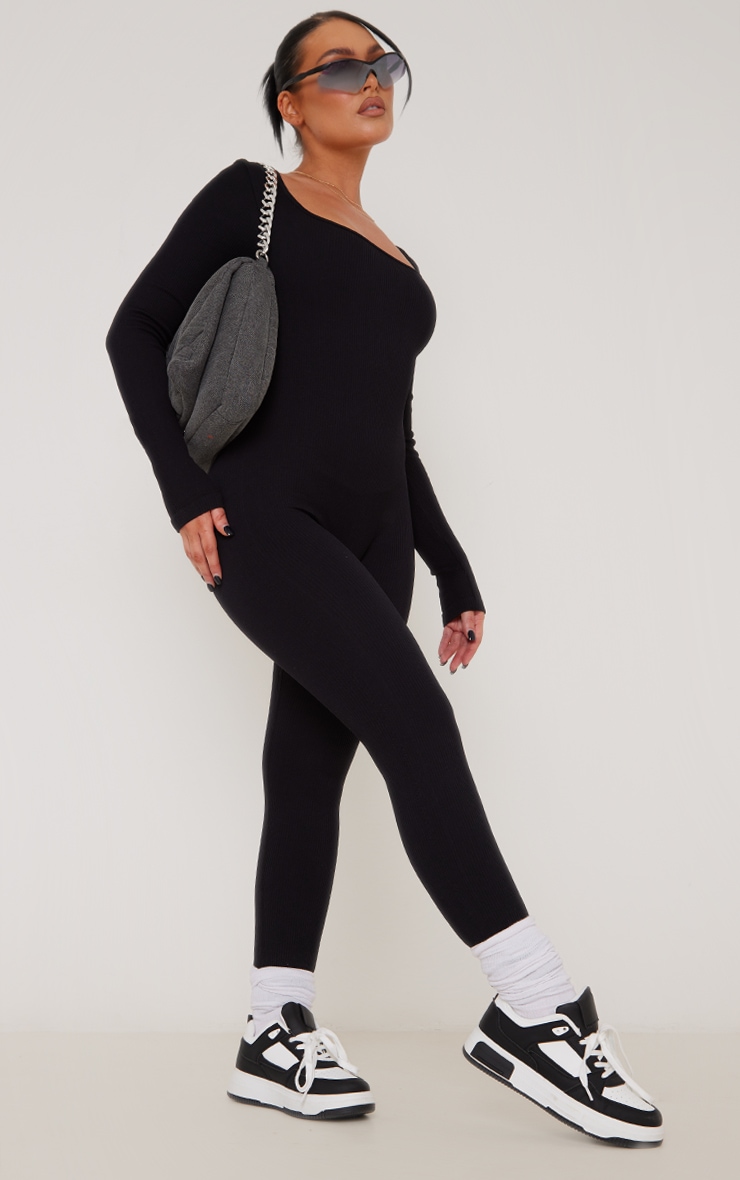 Black Snatched Rib Square Neck Long Sleeve Jumpsuit image 3