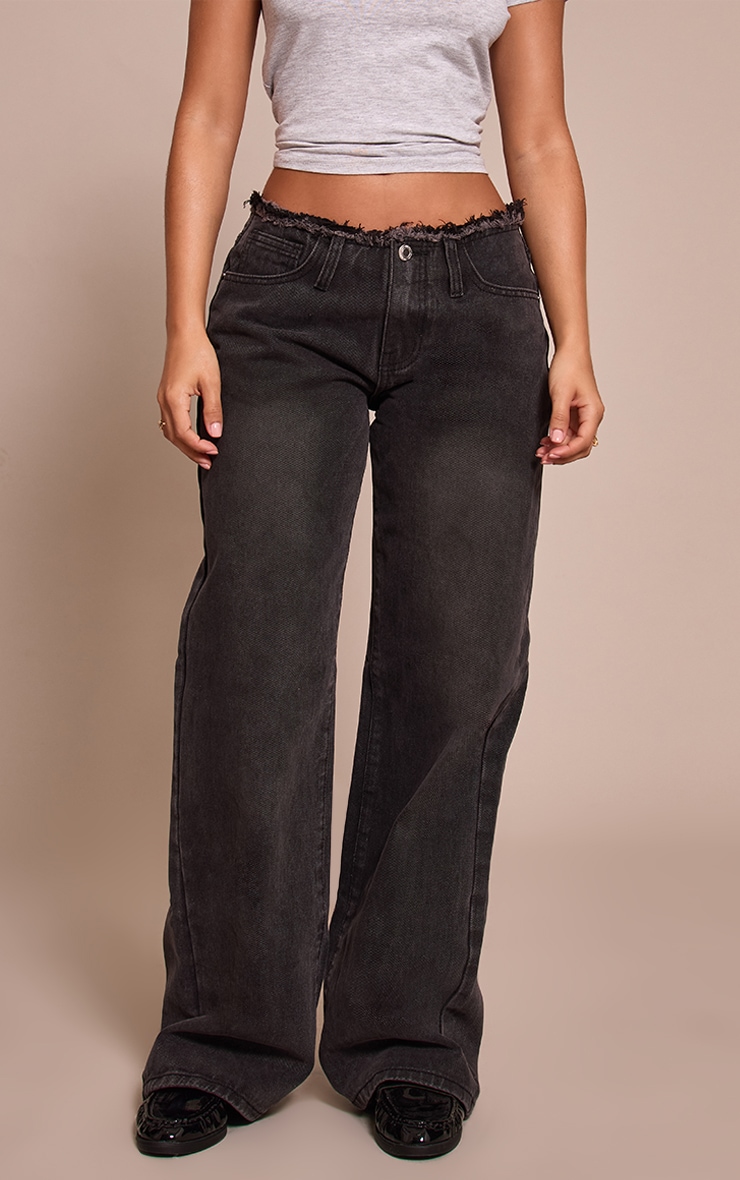 Petite Black Fray Waist Low Rise Straight Leg Jeans image 2