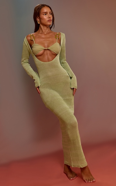 Sage Green Knit Deep Plunge Maxi Beach Dress