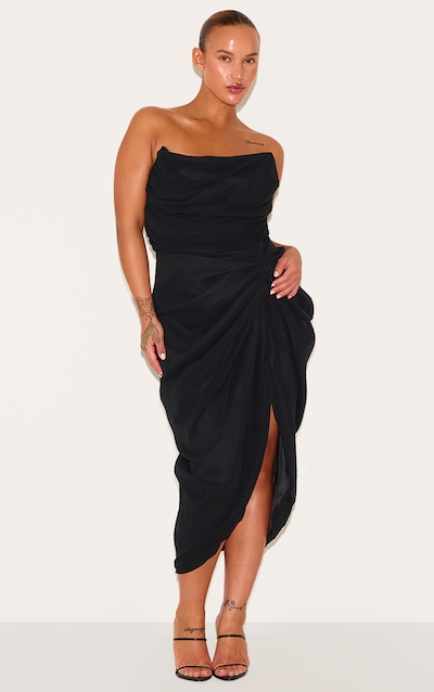 Plus Deep Black Chiffon Corset Bandeau Draped Midi Dress