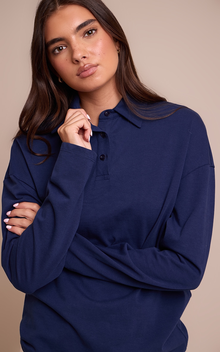 Navy Cotton Polo Collar Long Sleeve Top image 4