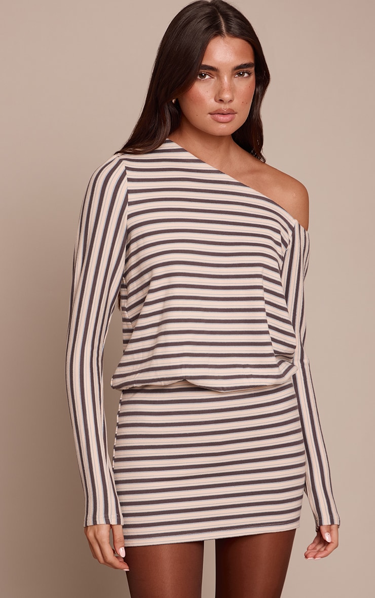 Blue Striped Asymmetric Long Sleeve Bodycon Dress image 1