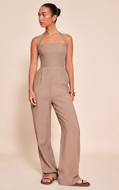 Mushroom Woven Textured Halterneck Jumpsuit