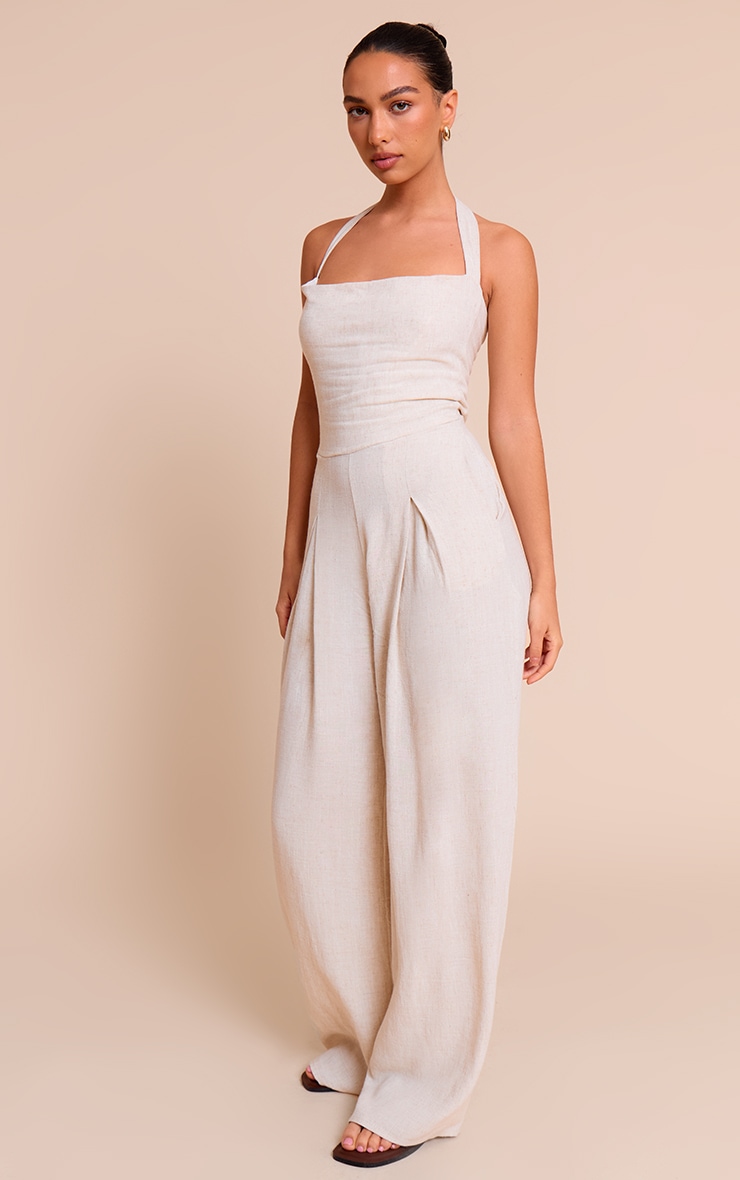  Natural Linen Look Bandeau Wide Leg Jumpsuit image 3