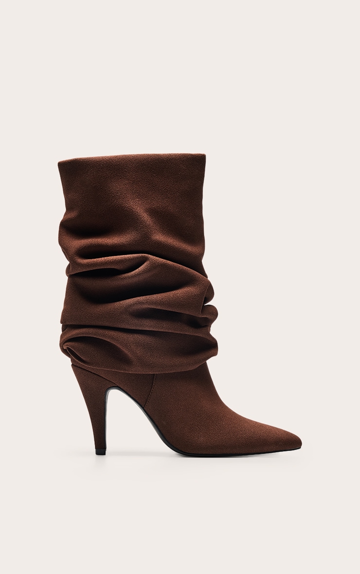 Chocolate Faux Suede Ruched Fold Over Ankle Boots image 2