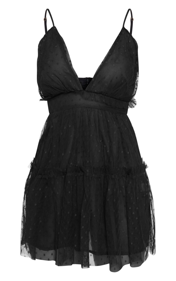 black dobby mesh ruffle skater dress