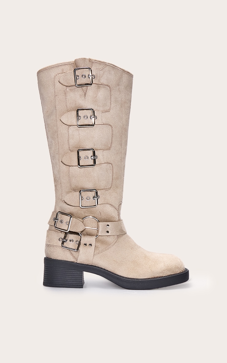 Bottes hautes rondes en suédine crème à boucles multiples style harnais image 1